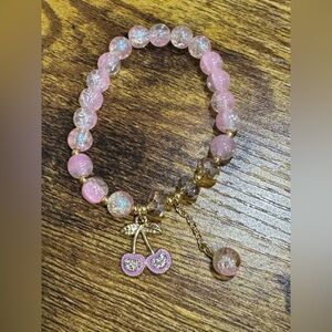 🩶Pink Beaded Bracelet with Cherry Charm